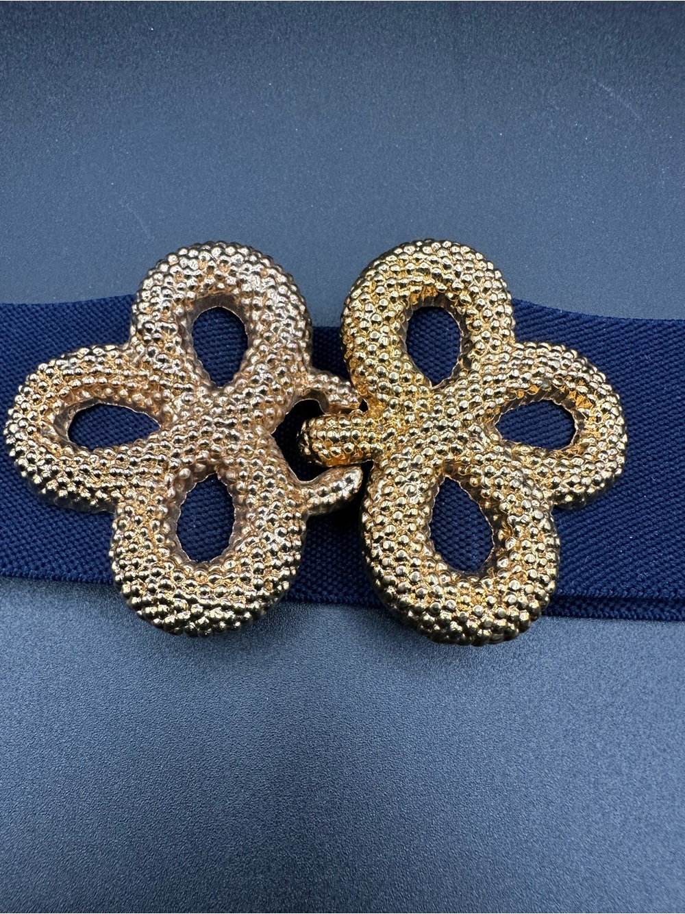 Vintage Motion East Navy Stretch Belt –Interlocking Clover Buckle 32-40", EUC